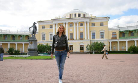 Sexy russian blonde teen Summer Breeze baring big boobies and spreading her legs outdoor